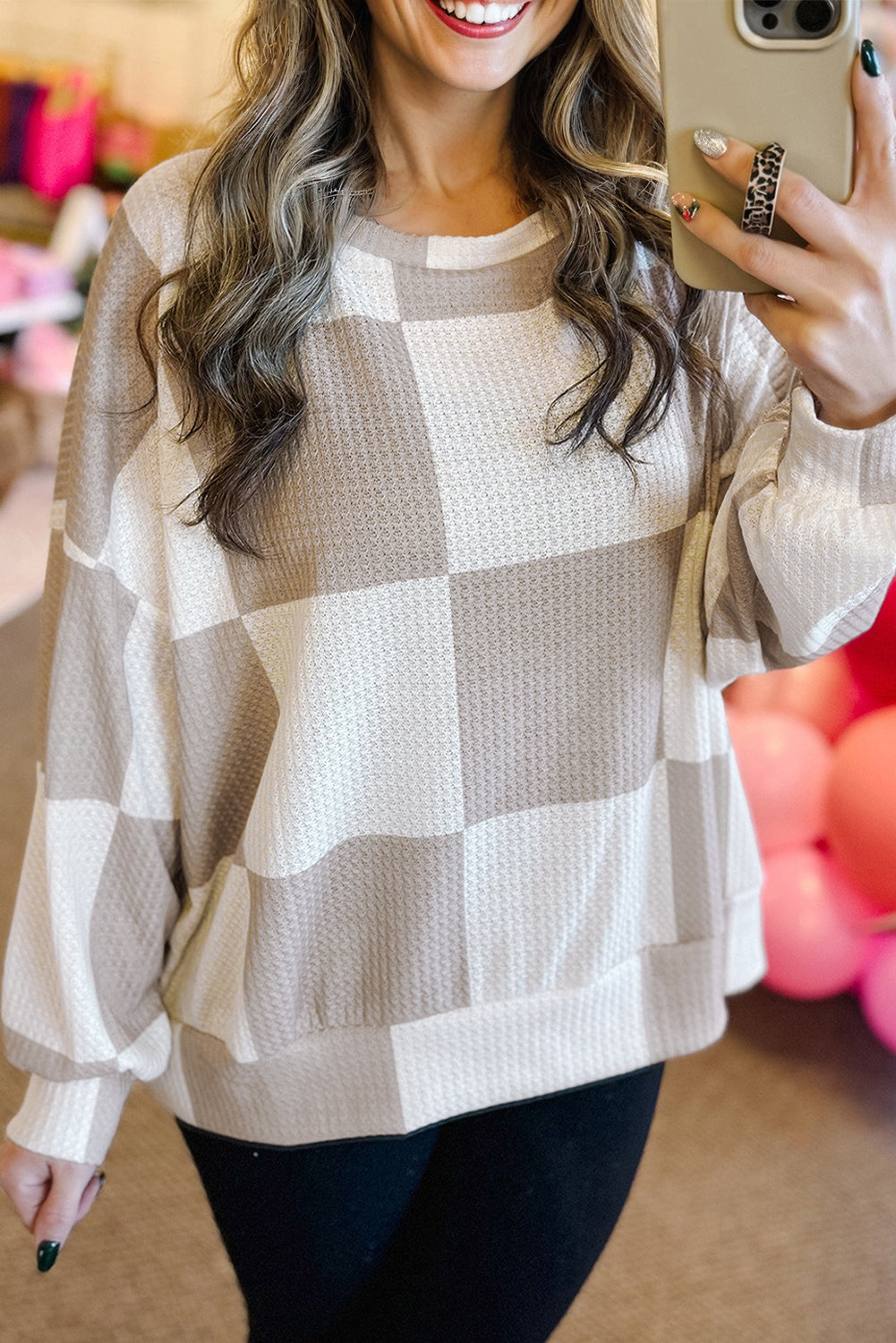 Checker Waffle Knit Long Sleeve Top