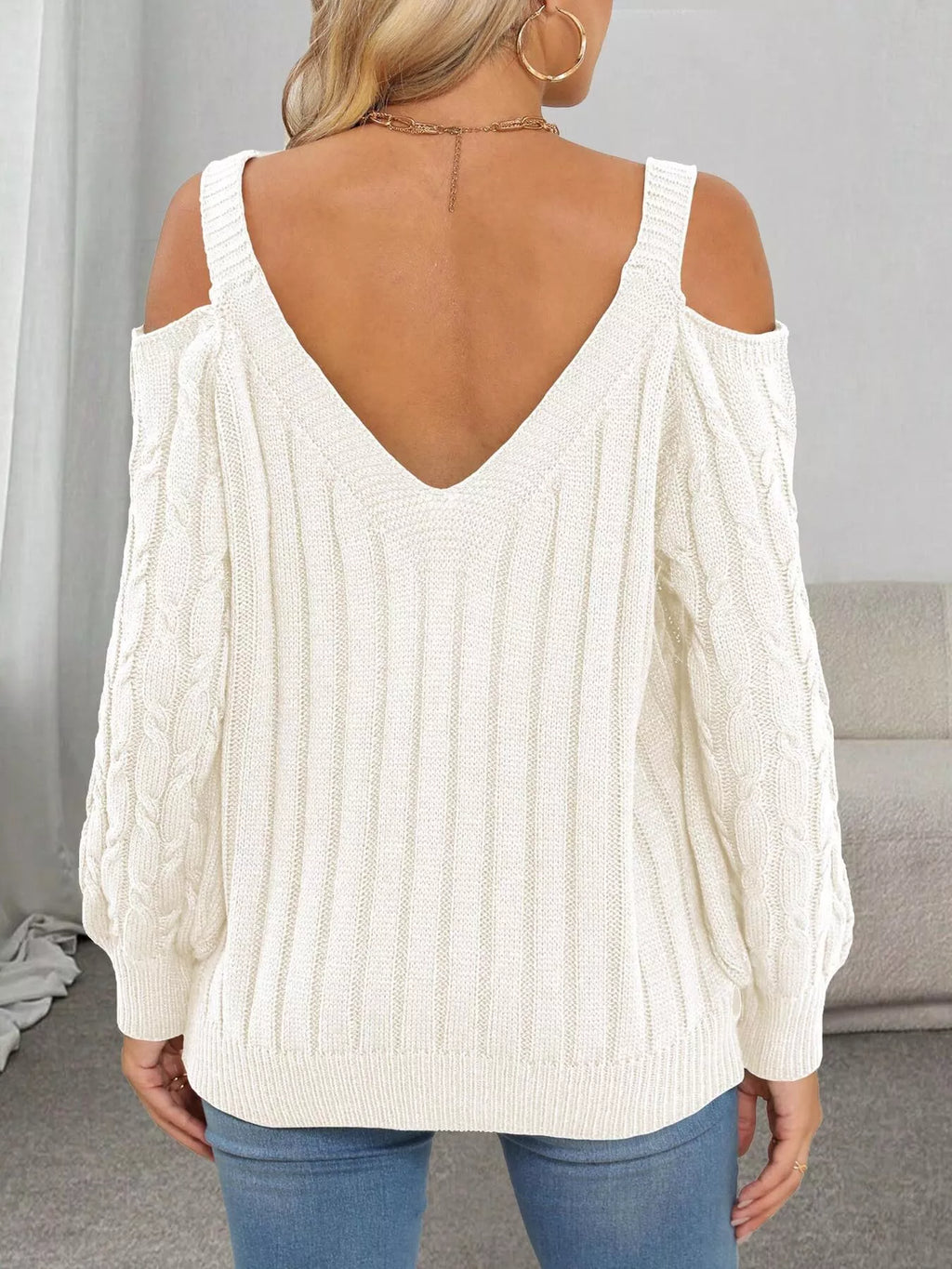 Floral Applique Cold Shoulder Cable Knit Sweater