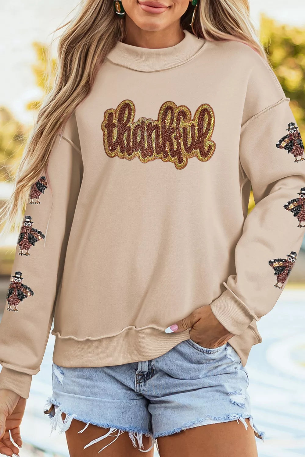 Thankful Sequin Mock Neck Sweatshirt