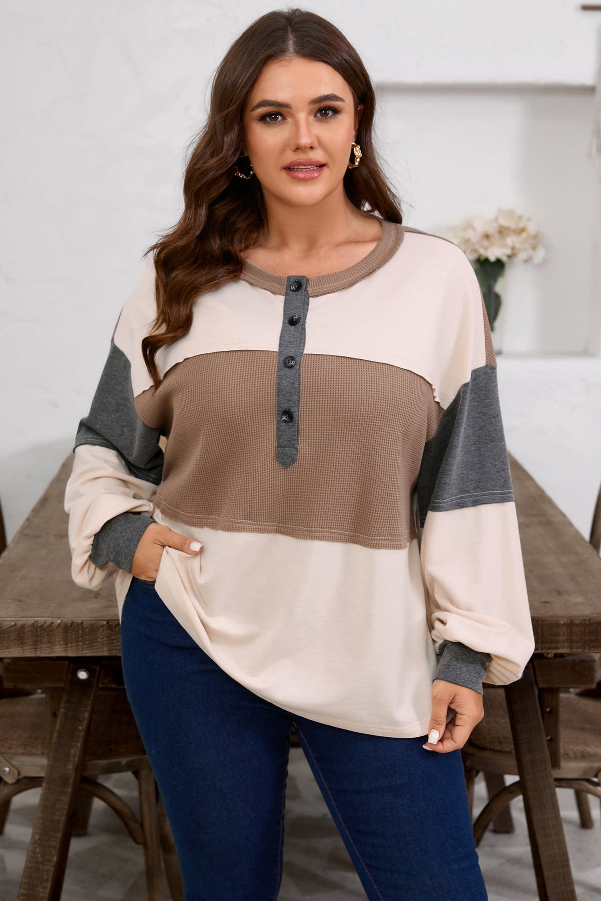 Plus Size Colorblock Waffle Knit Patchwork Half-Button Top