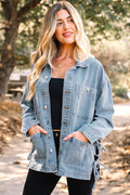 Beau Blue Multi Patched Pockets Side Tie up Boyfriend Style Denim Jacket