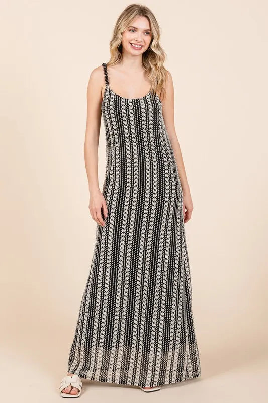 Striped Scoop Neck Beaded Strap Maxi Cami Dress