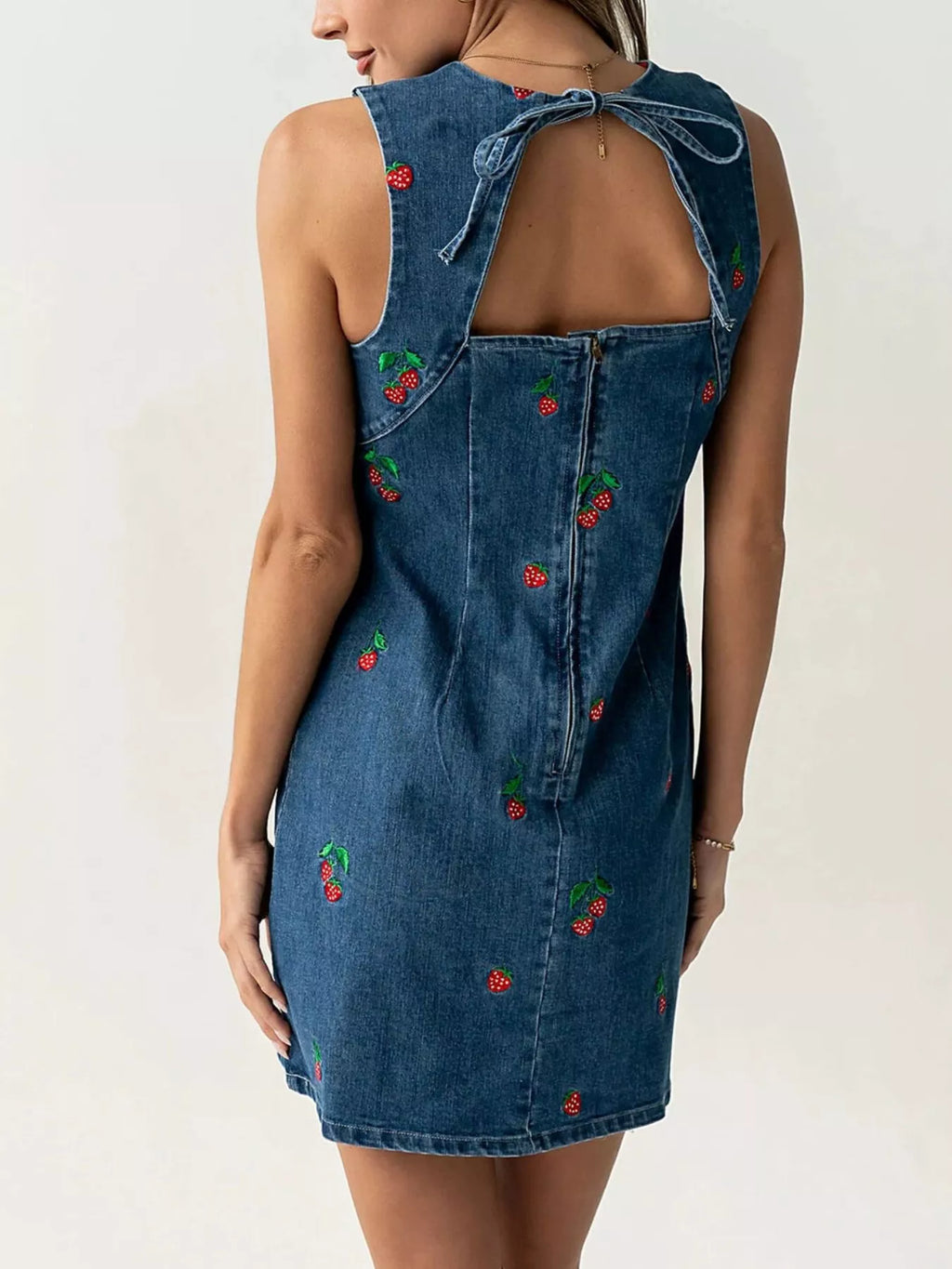Strawberry Embroidered Sleeveless Denim Dress