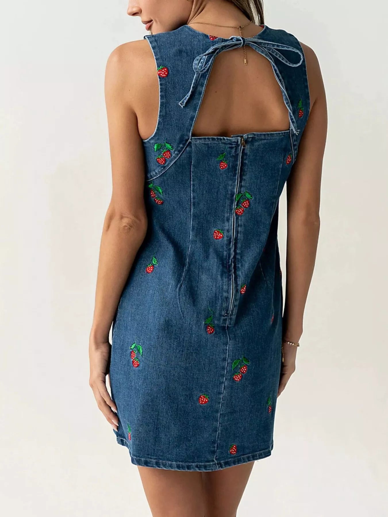 Strawberry Embroidered Sleeveless Denim Dress