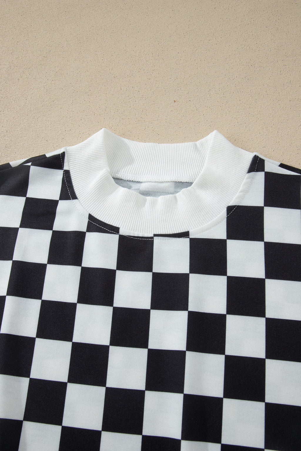 Black Checkered Print Color Block Trim Mock Neck Short Set