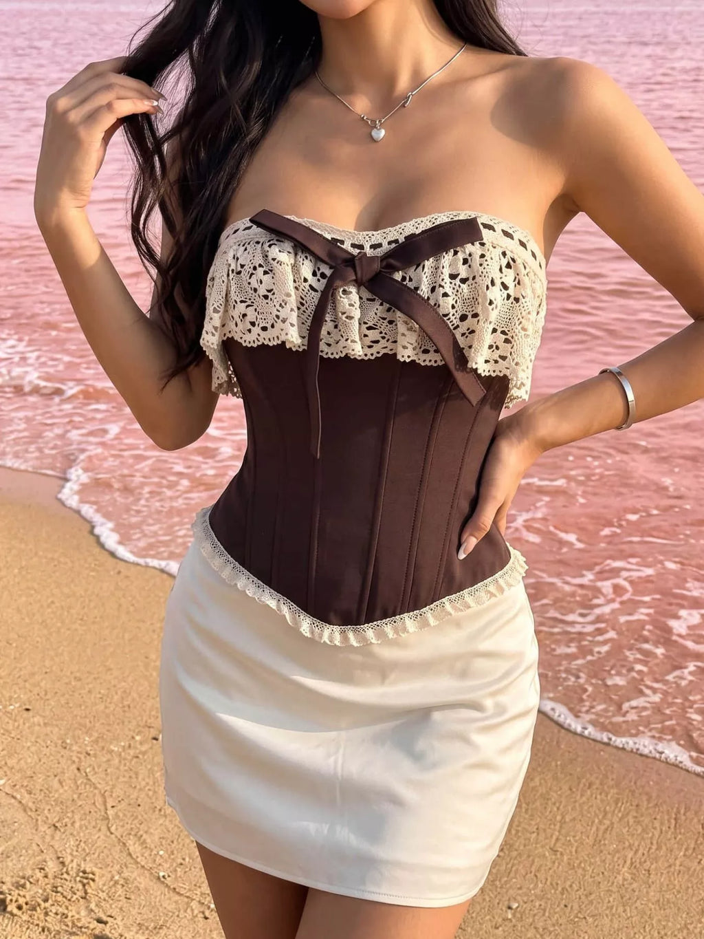 Crochet Lace Strapless Boned Corset Lace‑Up Waist Cincher Tube Top