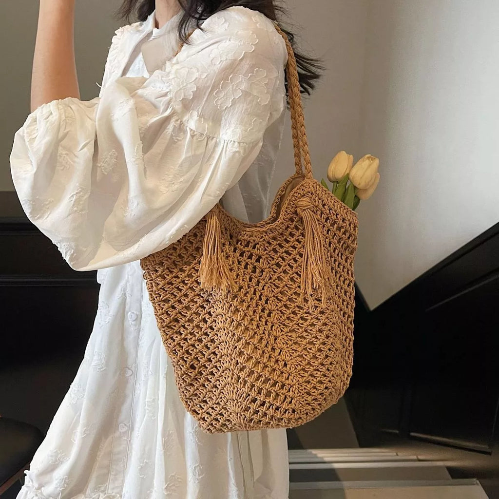 Crochet Shoulder Bag with Tassel Accents