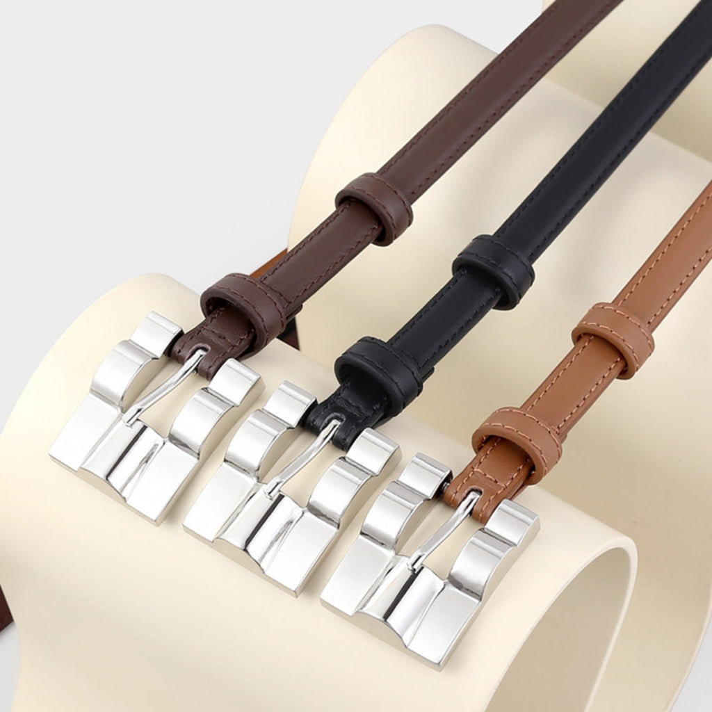 Skinny Leather Belt with Silver Buckle