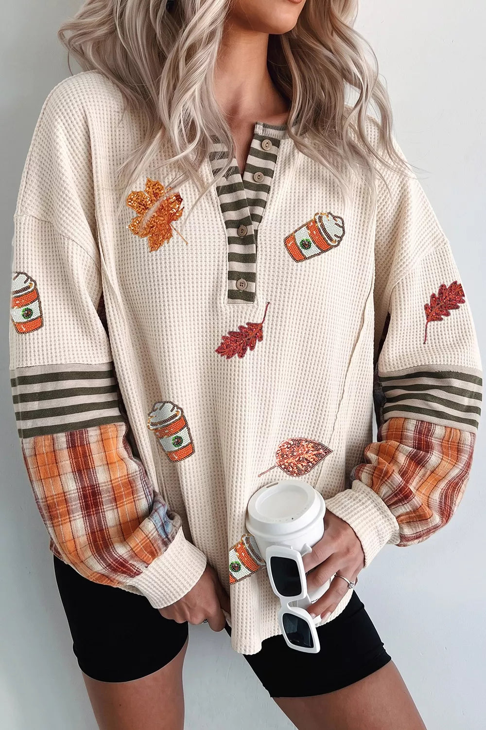 Sequin Autumn Leaf & Coffee Cup Waffle Knit Top