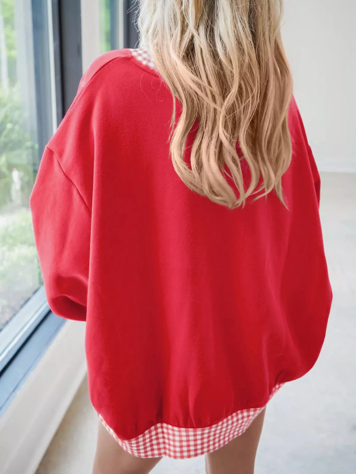 Gingham Trim Dropped Shoulder Sweatshirt