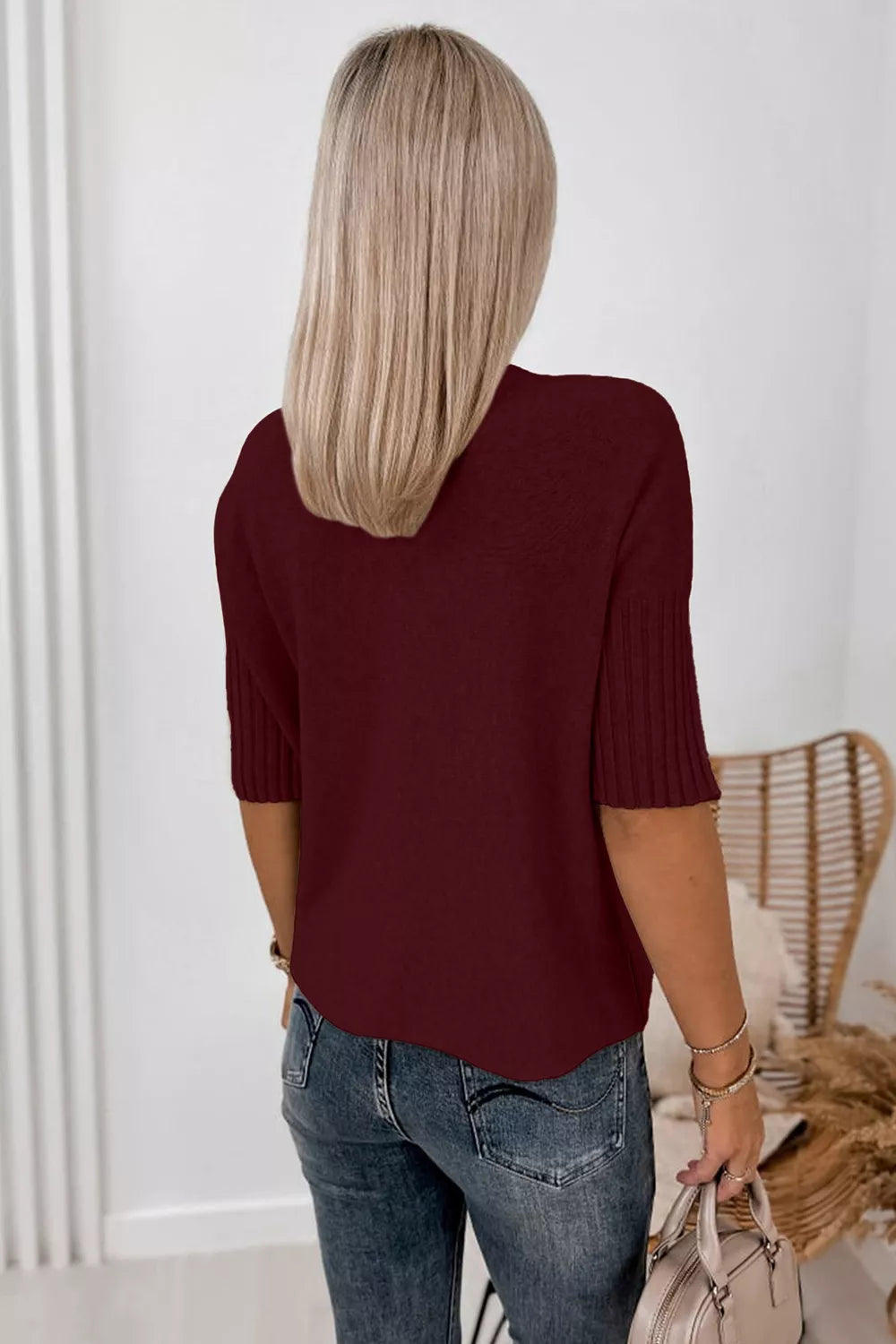 Mock Neck Half Sleeve Ribbed Sweater