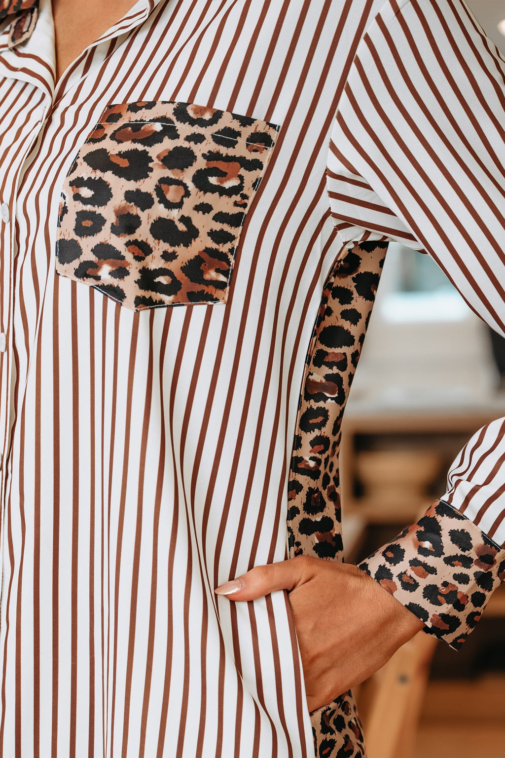 Leopard Patchwork Stripe Shirt Dress with Slits