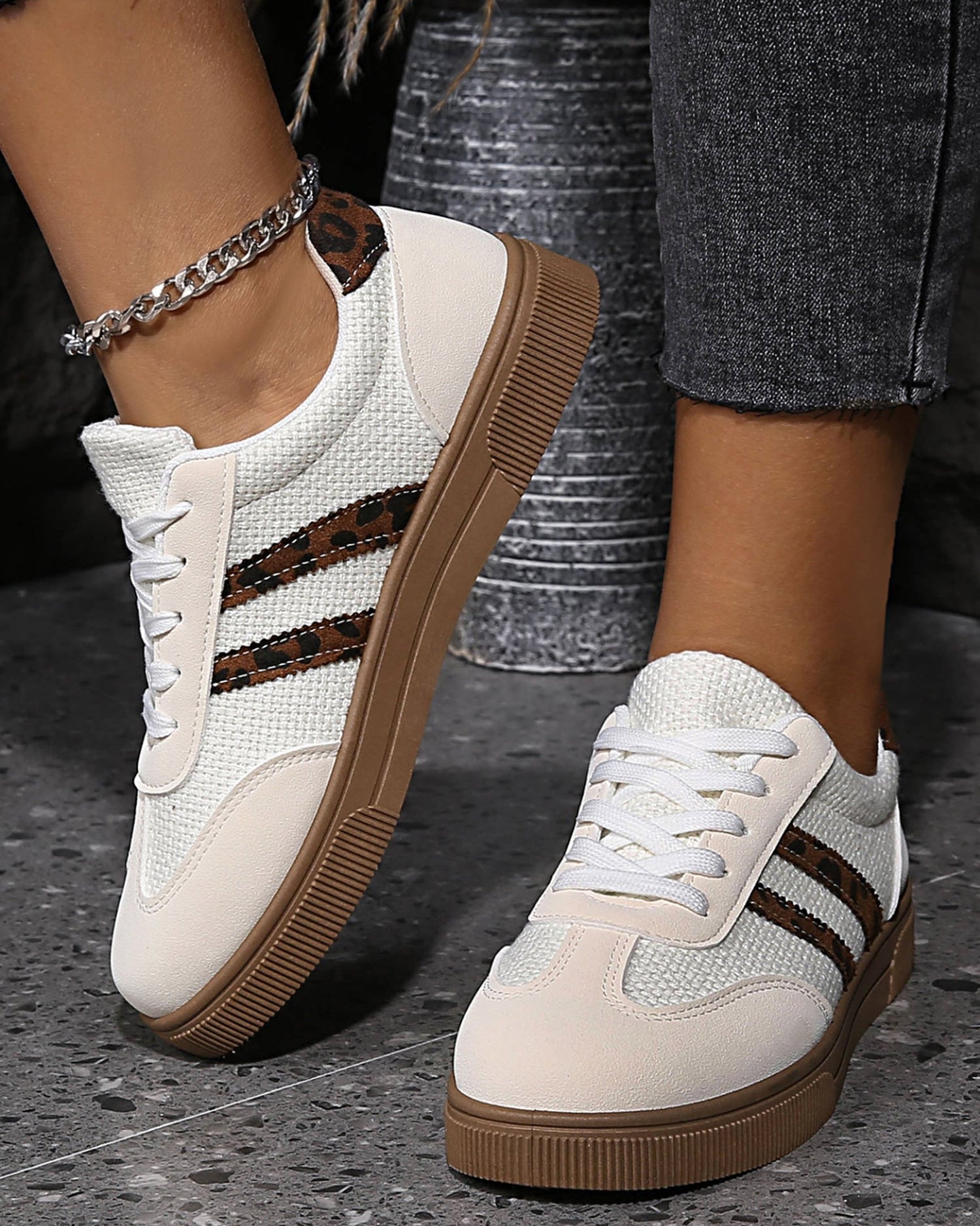 White Textured Woven Leopard Patchwork Flat Sneakers