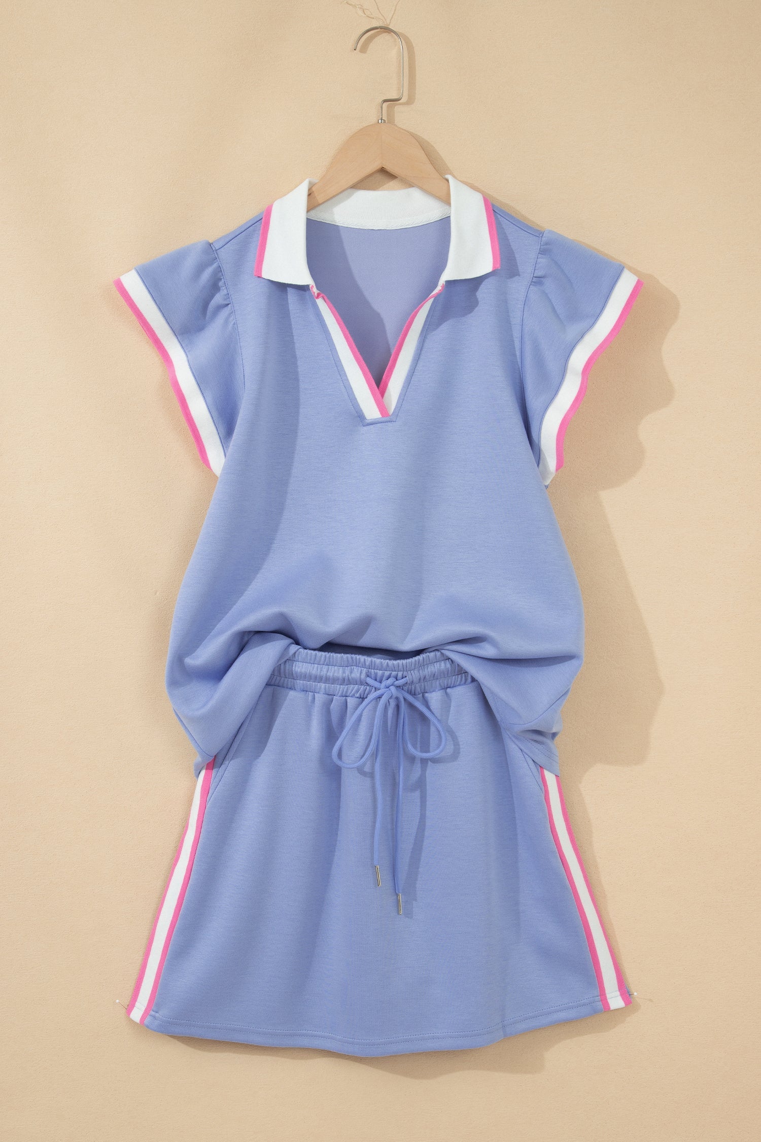 Black Preppy Striped Trim V Neck Polo Tee Drawstring Skort Set
