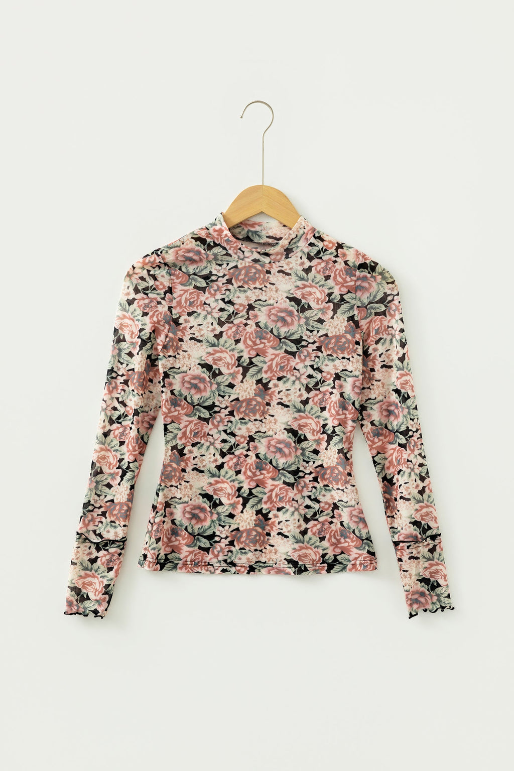 Black Retro Floral Print Mock Neck Mesh Long Sleeve Top