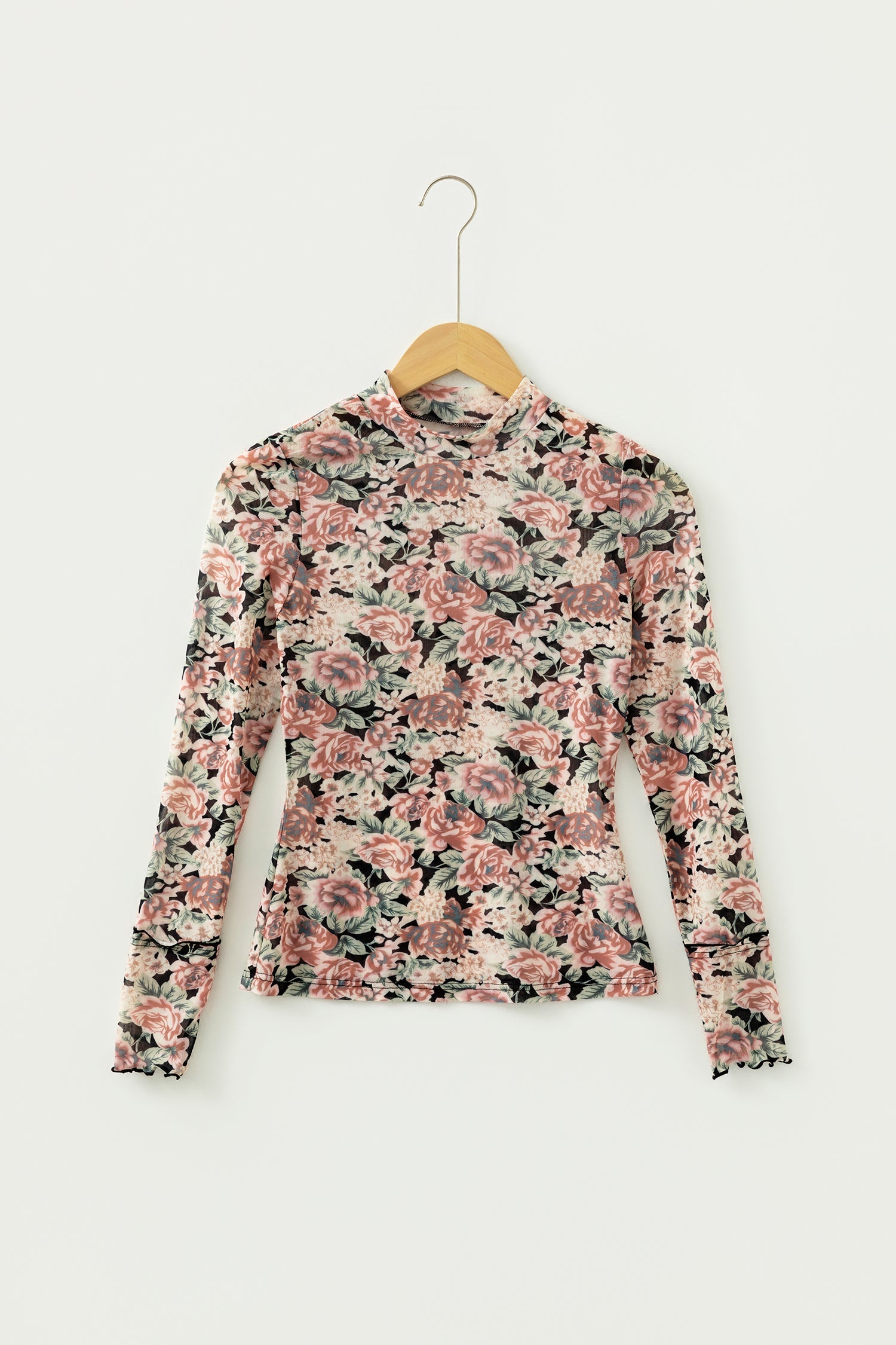 Black Retro Floral Print Mock Neck Mesh Long Sleeve Top