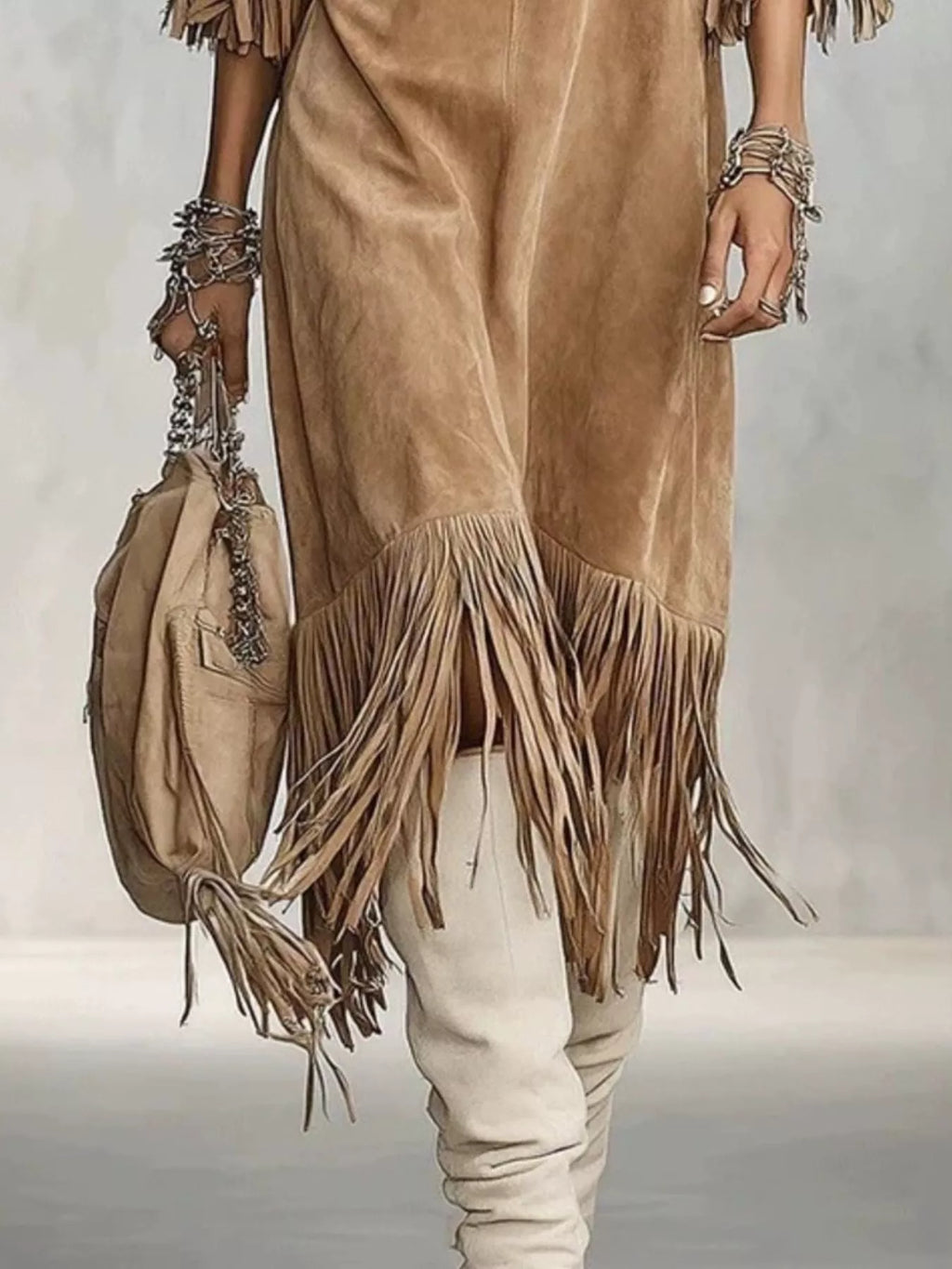 Fringed Round Neck Midi Dress