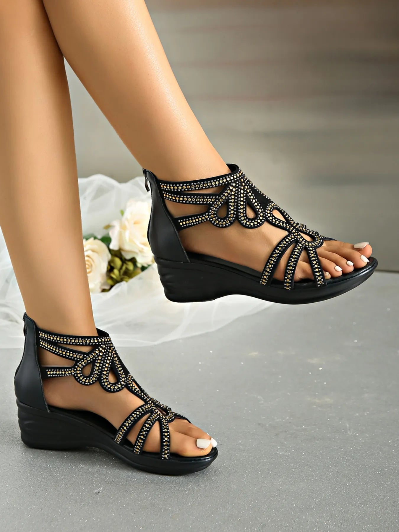 Rhinestone Open Toe Wedge Sandals