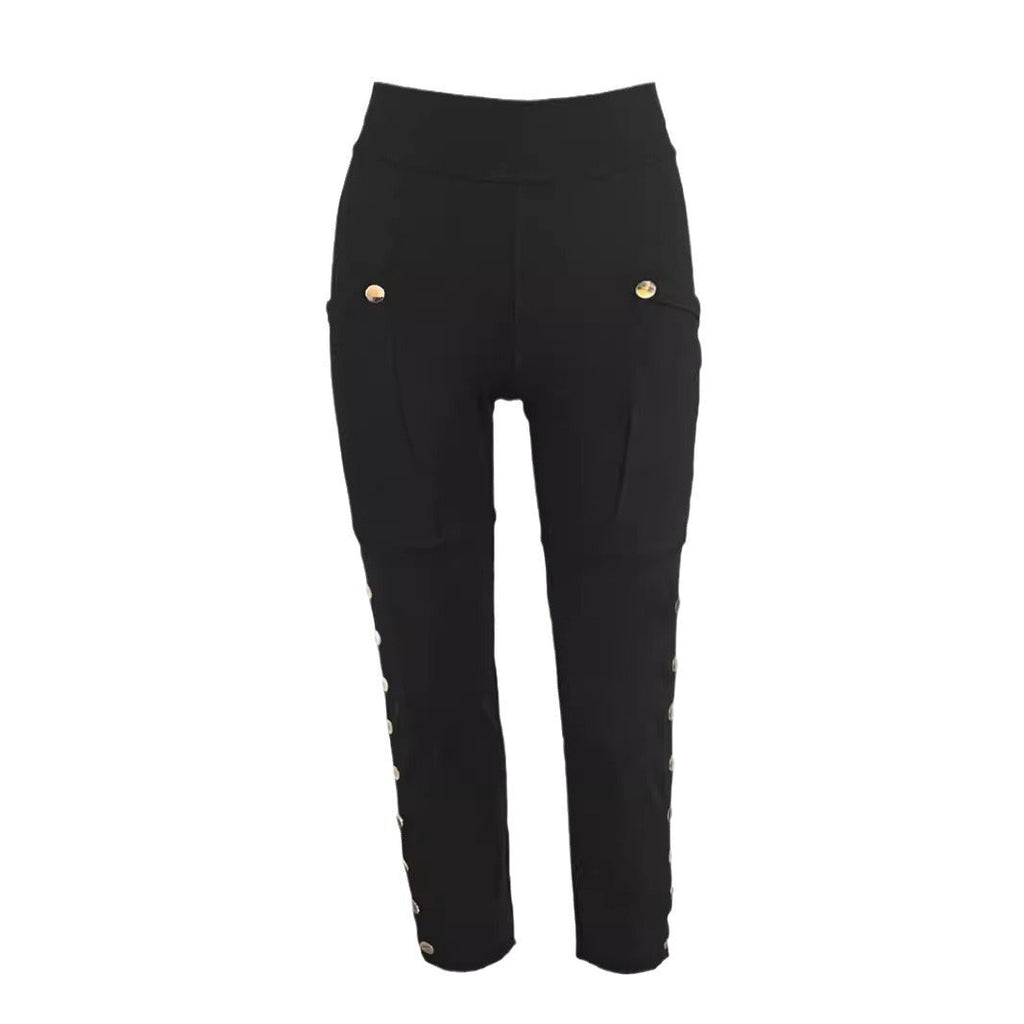 Women High Waist Stretch Cargo Pants Side Button Decor Flared Yoga Pants With Pockets Casual Trousers