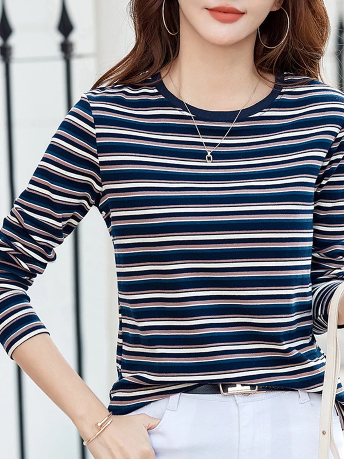 Full Size Long Sleeve Striped Crew Neck Casual T-Shirt Plus Size