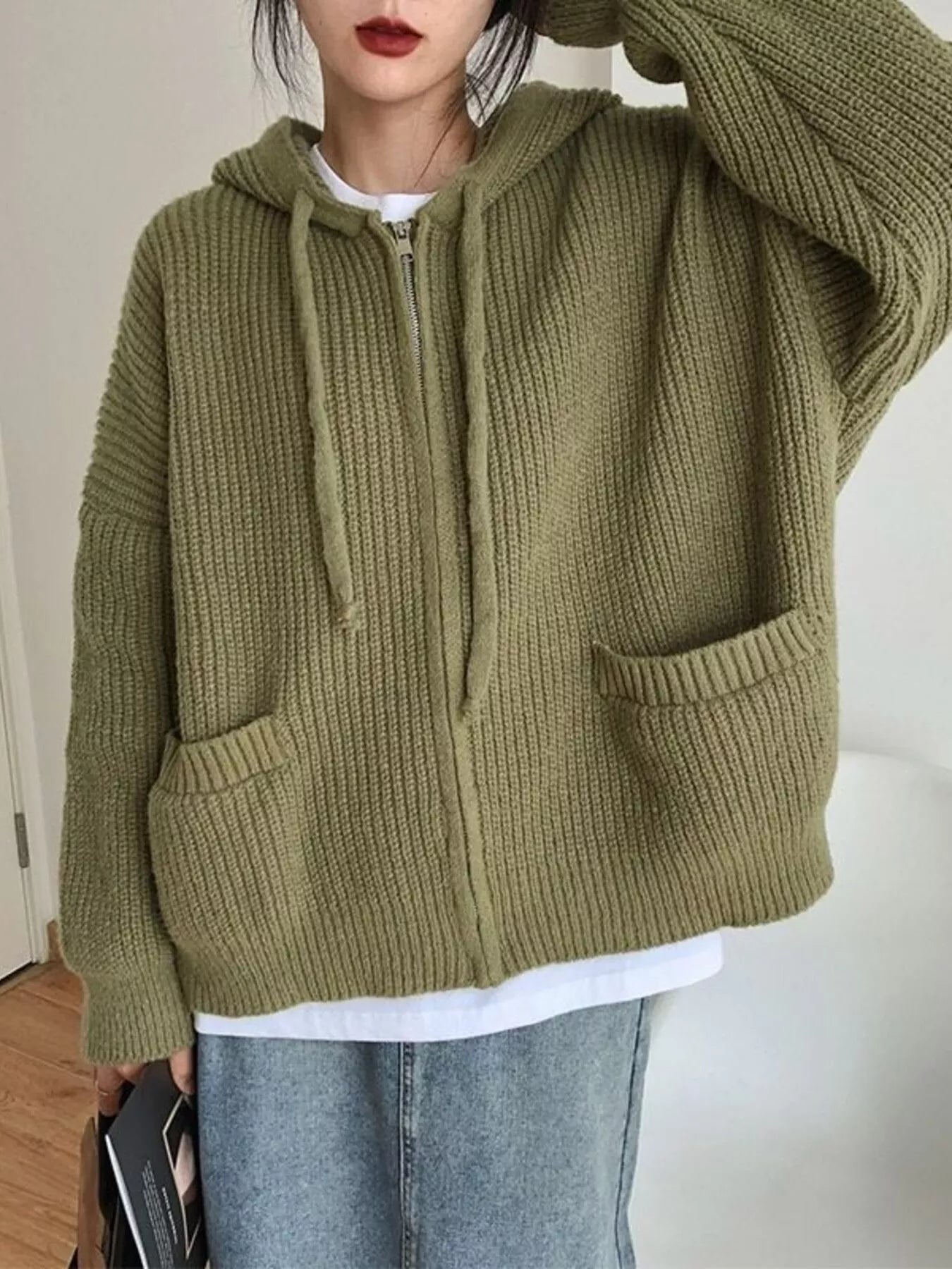 Casual Knitted Zip-Up Hooded Cardigan
