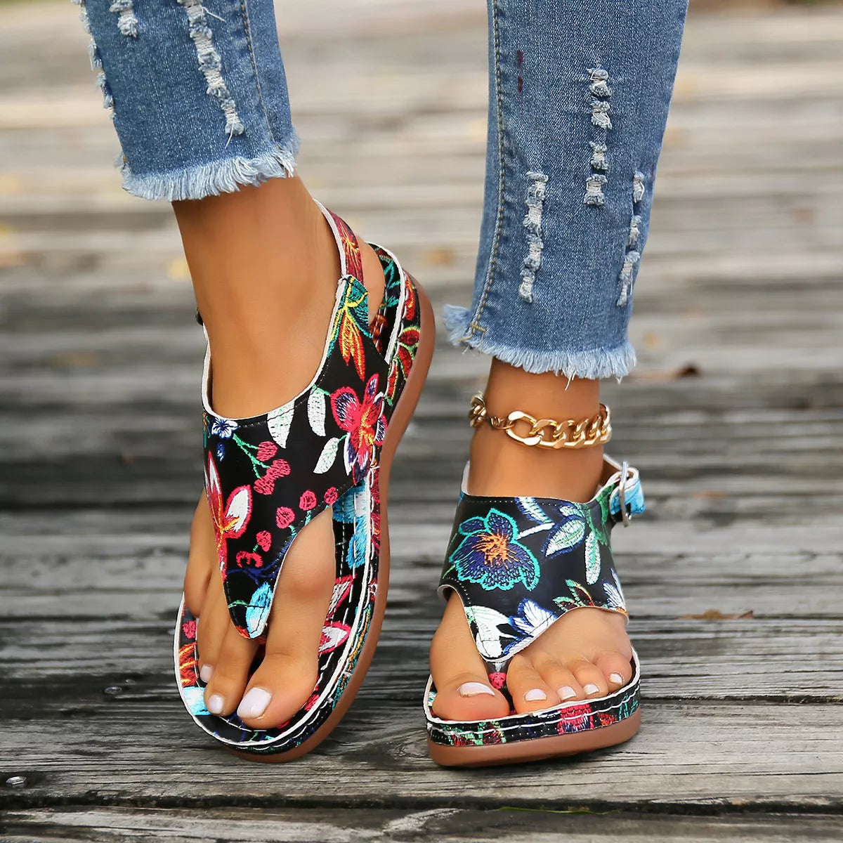 Floral Thong Wedge Sandals