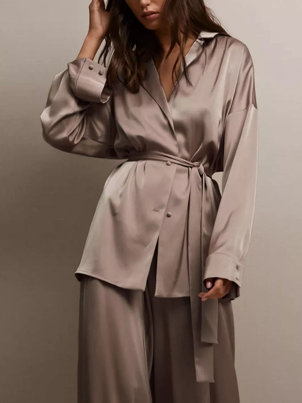 Satin Long Sleeve Shirt and Pants Set
