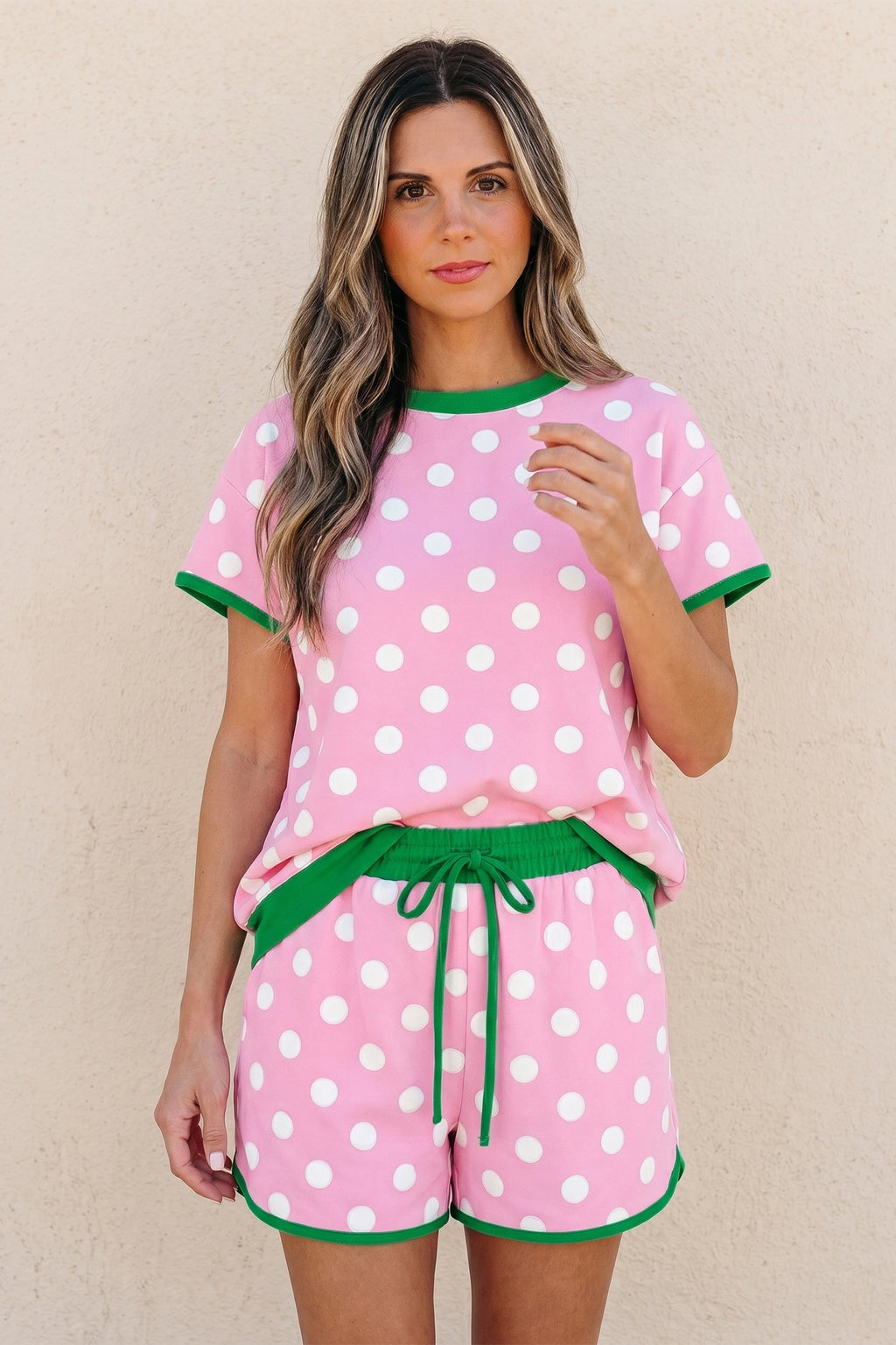 Pink Polka Dot Contrast Edge Casual Short Set