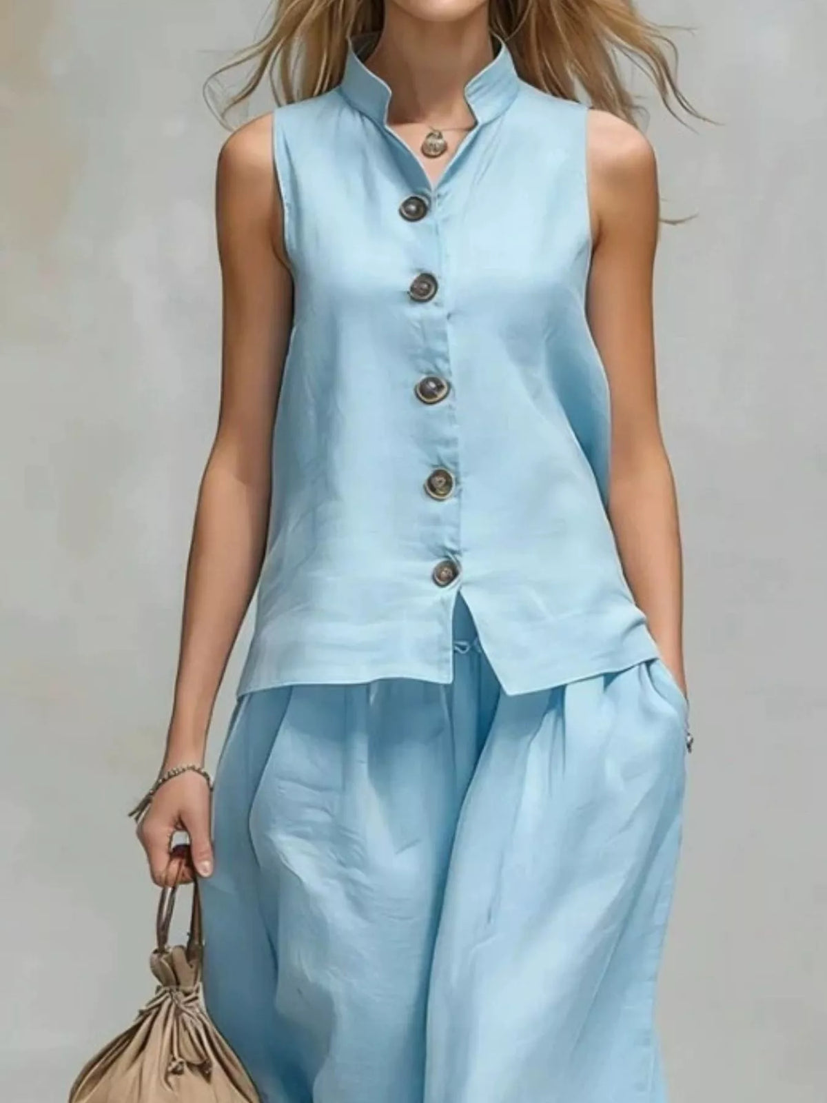 Sleeveless Button-Down Top and Wide-Leg Pant Set