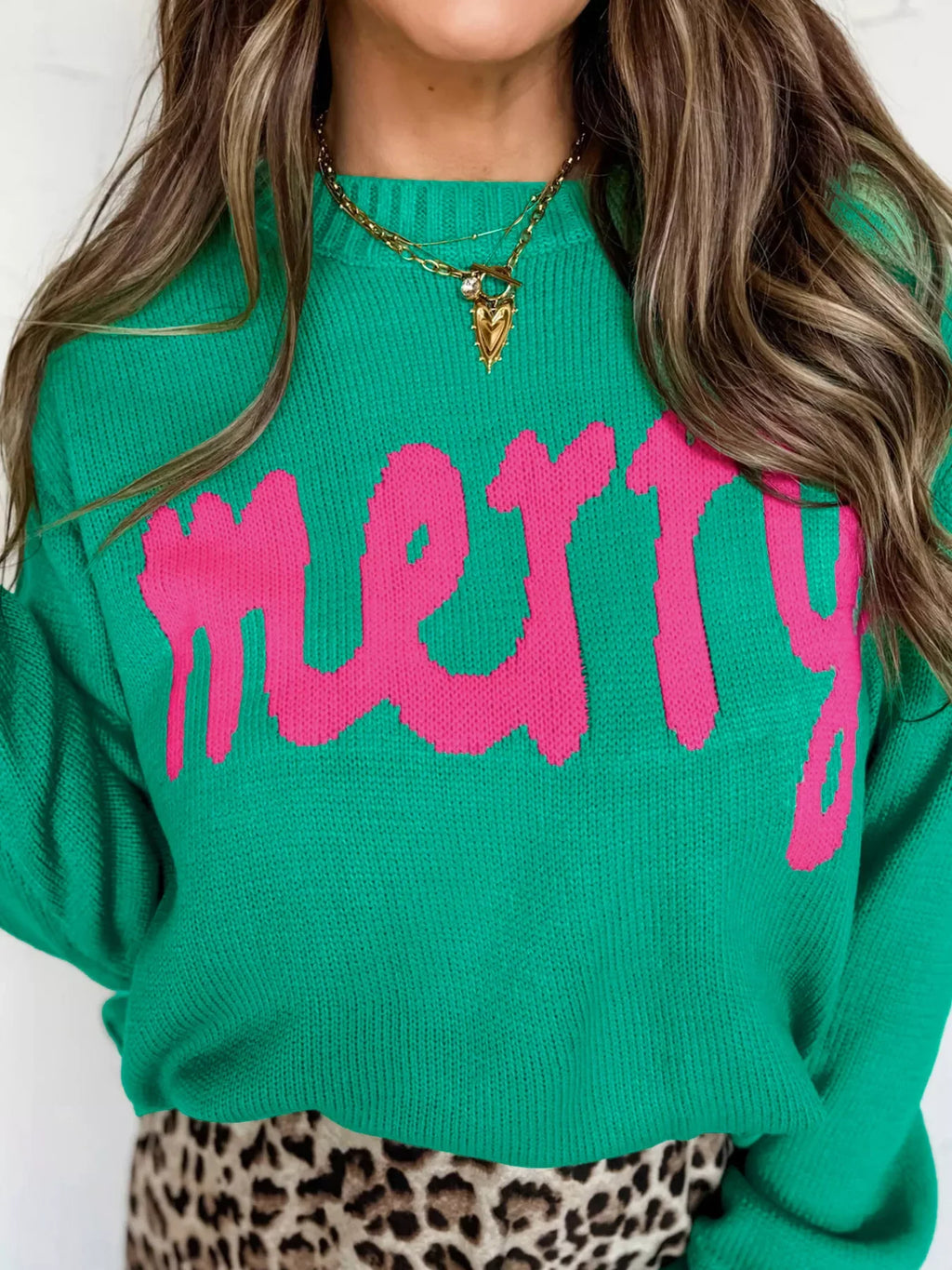 Merry Print Ribbed Trim Round Neck Loose Fit Sweater