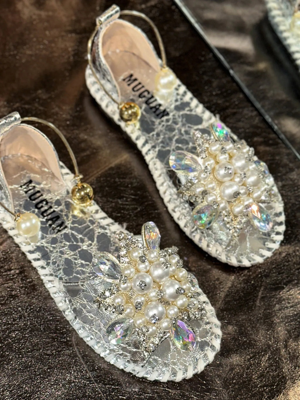 Pearl Crystal Embellished Flat Sandals