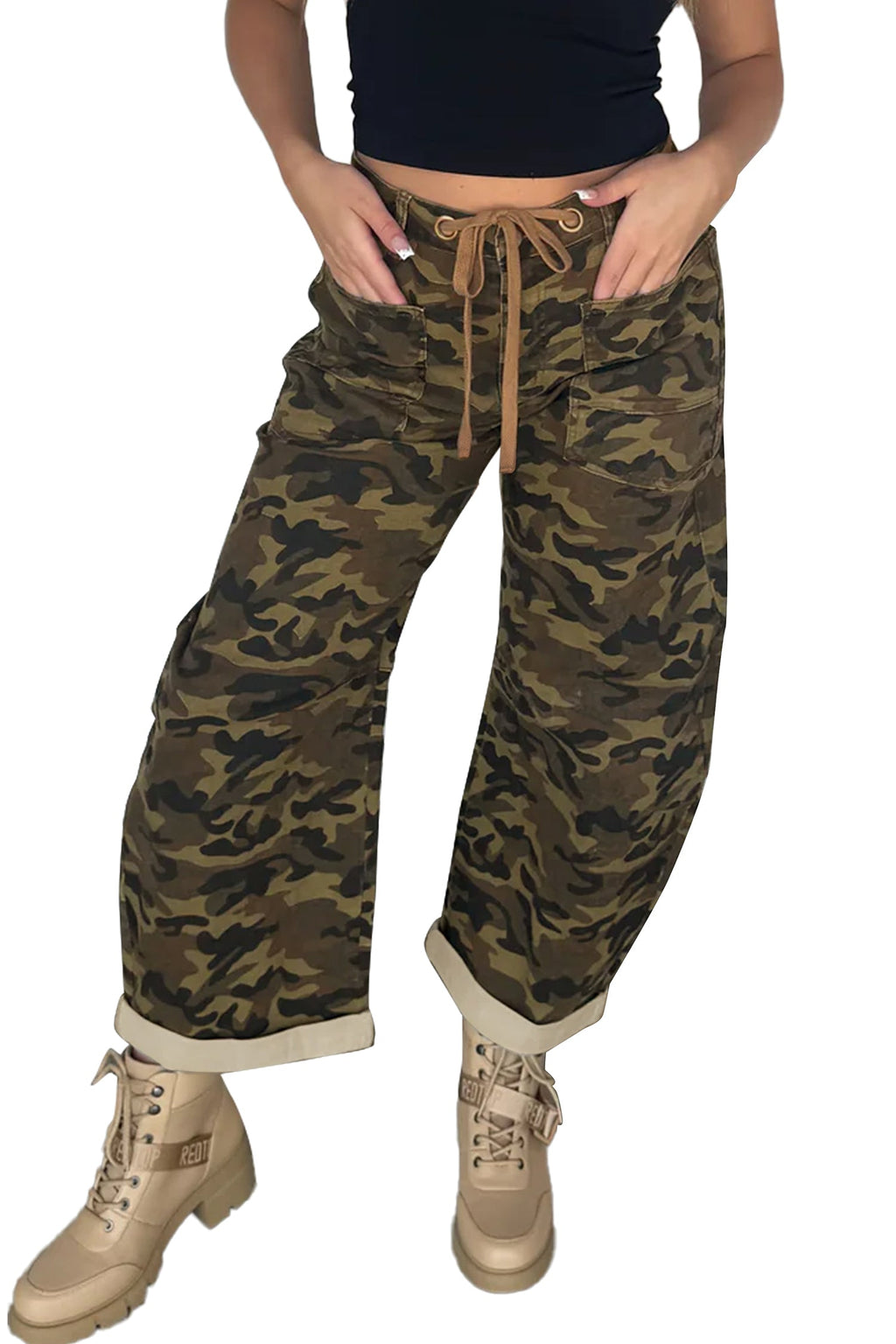 Multicolour Camouflage Print Retro Grommet Tie Waist Loose Jeans
