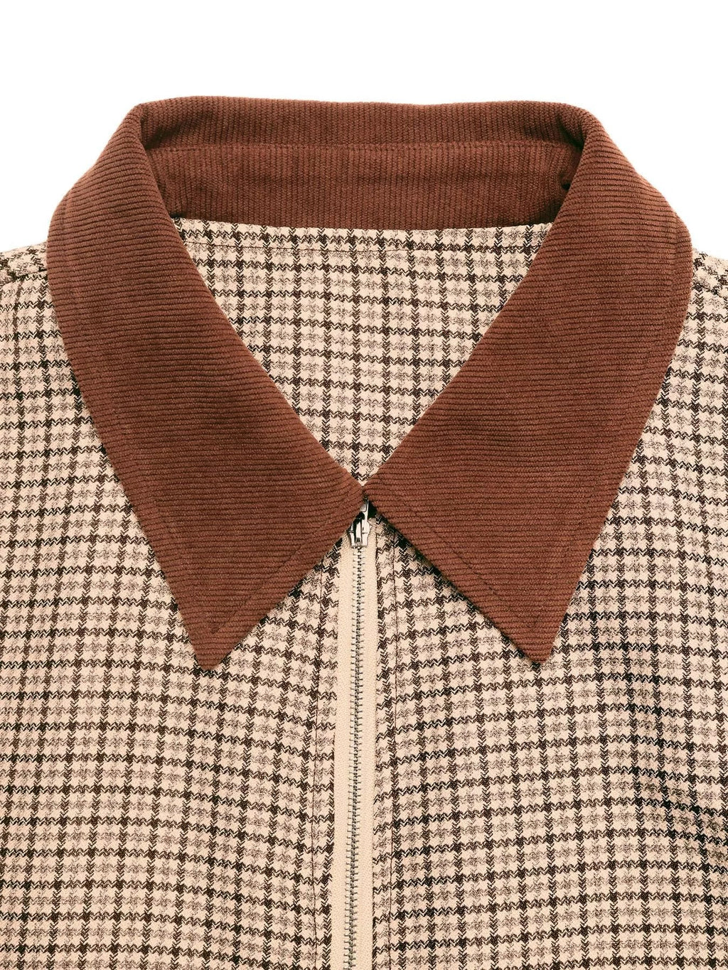 Plaid Zip Up Long Sleeve Jacket with Pockets – Brown
