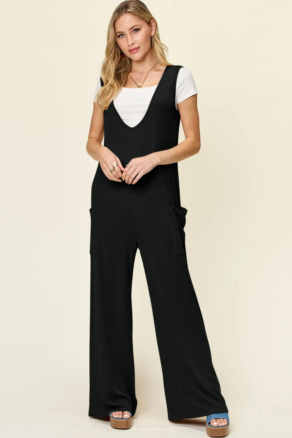 Sleeveless Wide Leg Jumpsuit with Patch Pockets