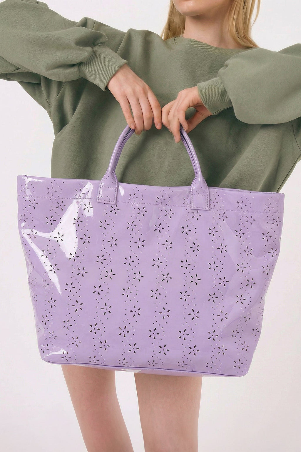 Orchid Eyelet Flower Pattern PVC Glossy Waterproof Tote Bag