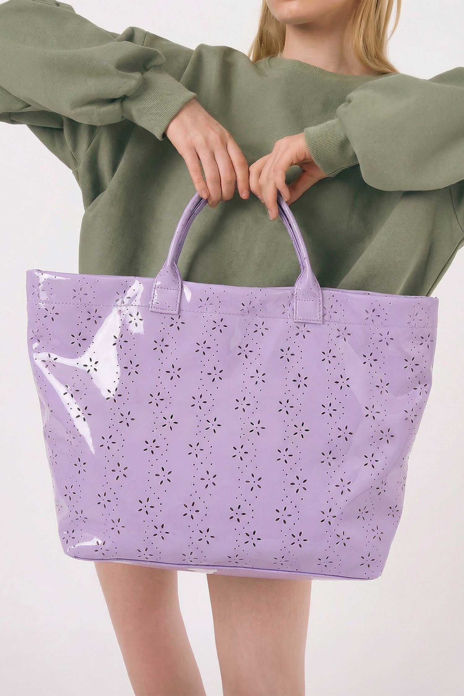 Orchid Eyelet Flower Pattern PVC Glossy Waterproof Tote Bag