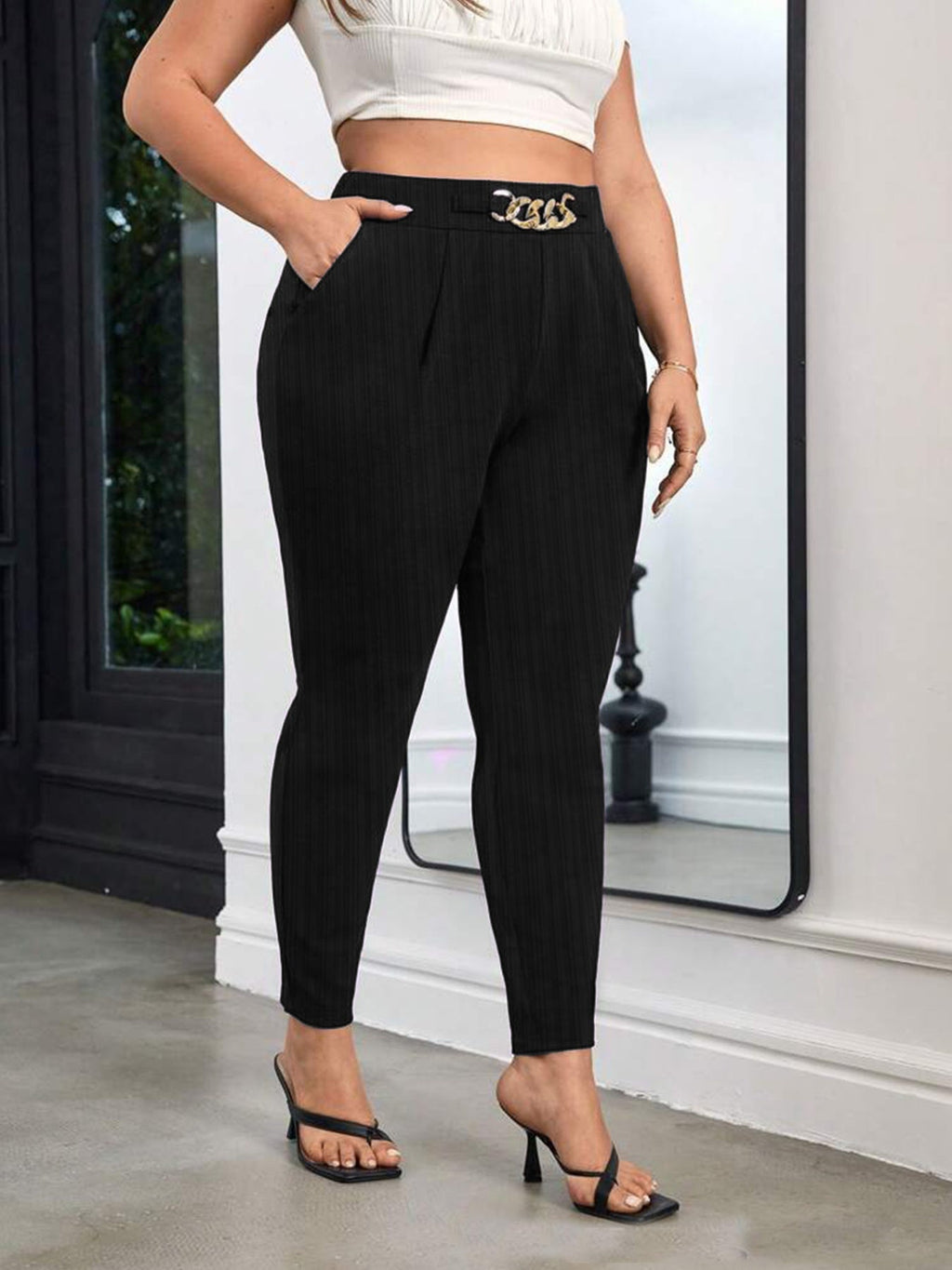 Elegant Chain Decor High Waist Skinny Pants