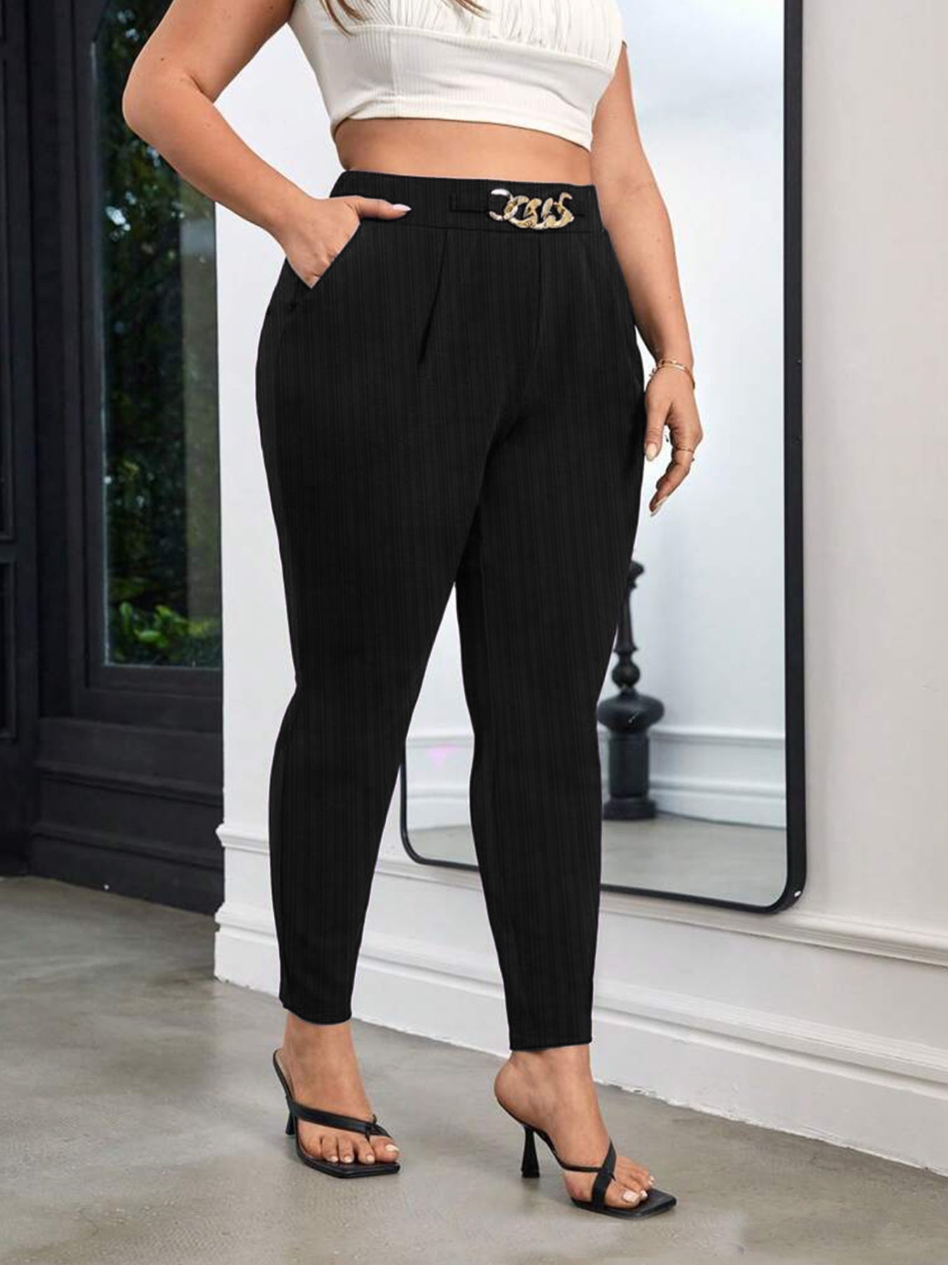 Elegant Chain Decor High Waist Skinny Pants
