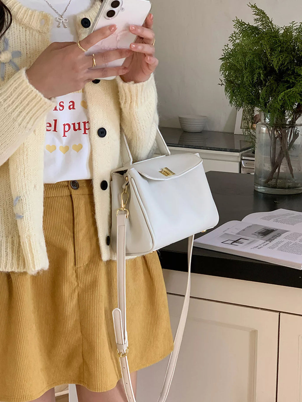 Golden Clasp Leather Crossbody Bag