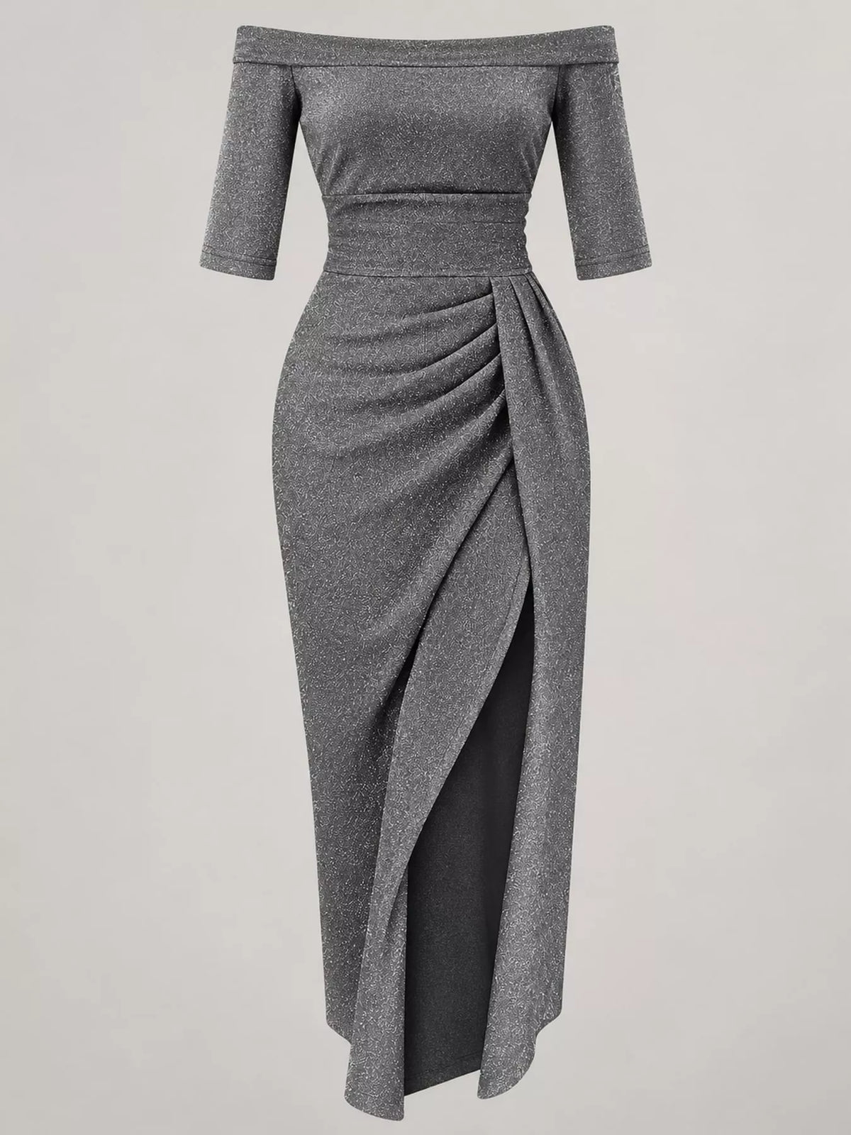Full Size Off-Shoulder Ruched Slit Midi Dress Plus Size