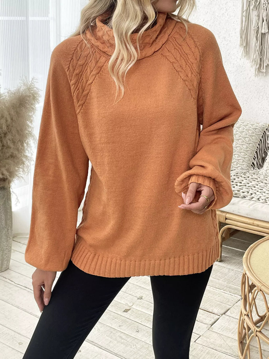 Cable-Knit Turtleneck Long Sleeve Sweater