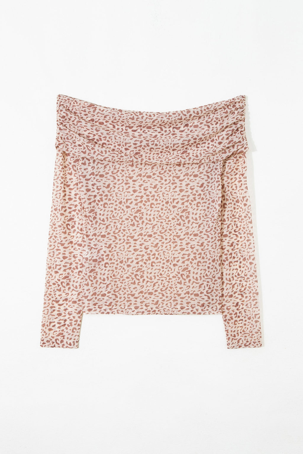 Brown Leopard Print Foldover Off Shoulder Long Sleeve Mesh Top