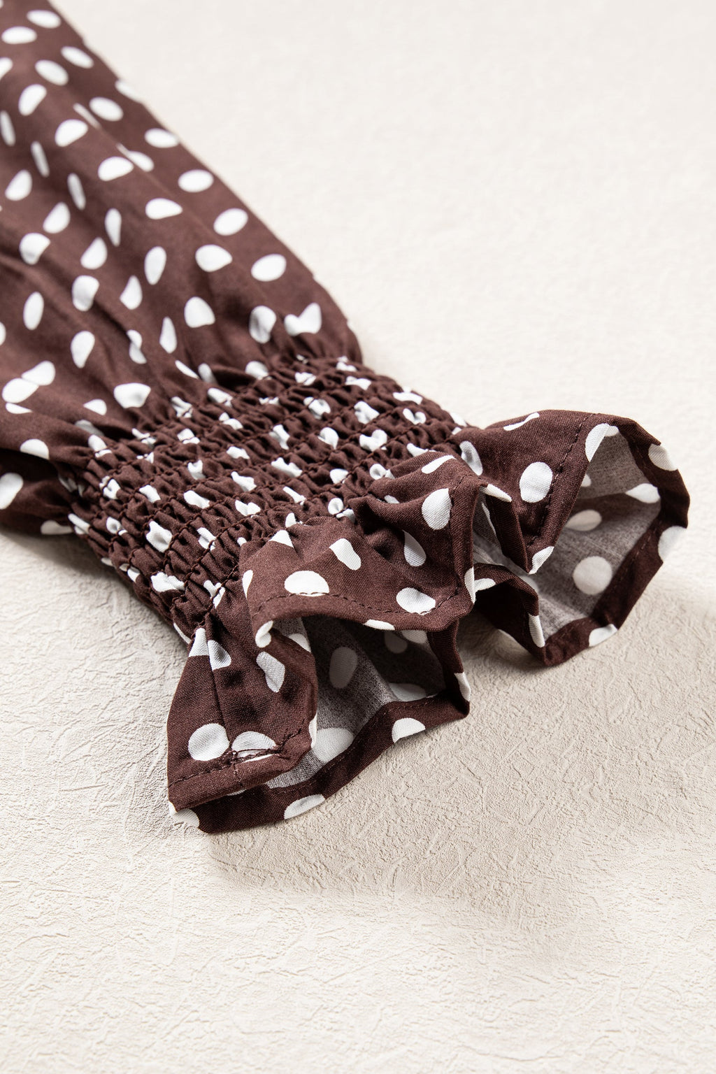 Brown Polka Dot Ruffled High Neck Shirred Ruffle Hem Blouse