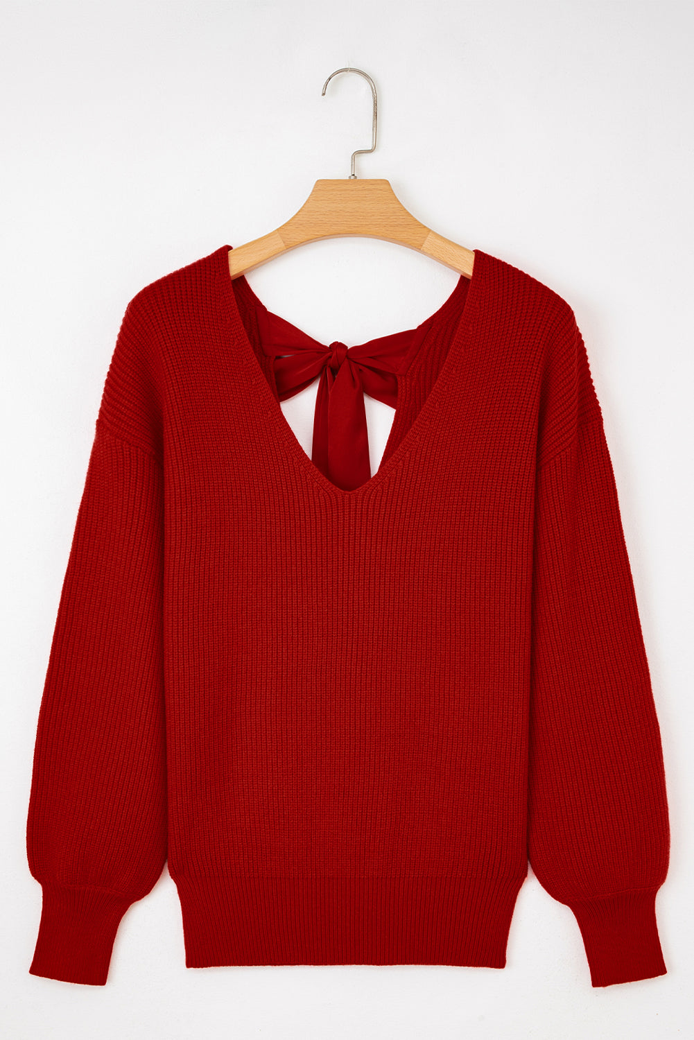 Bow Back Lantern Sleeve V-Neck Sweater