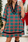 Plaid Velvet Trim Pockets Short Shift Dress
