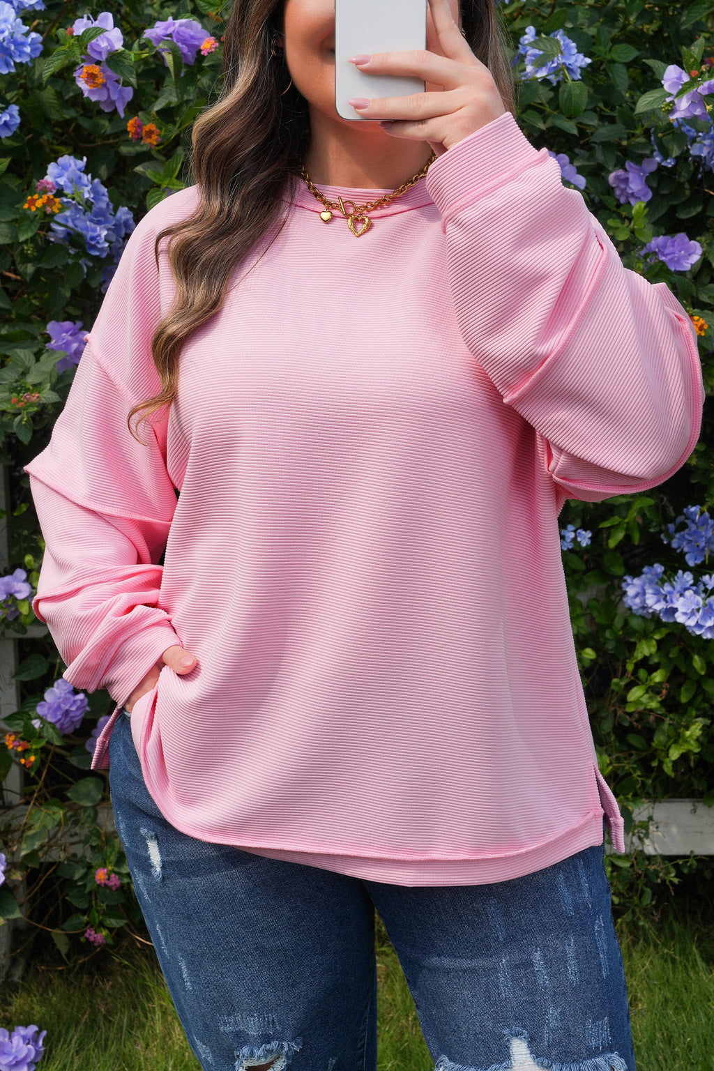 Plus Size Solid Ribbed Drop Shoulder Top
