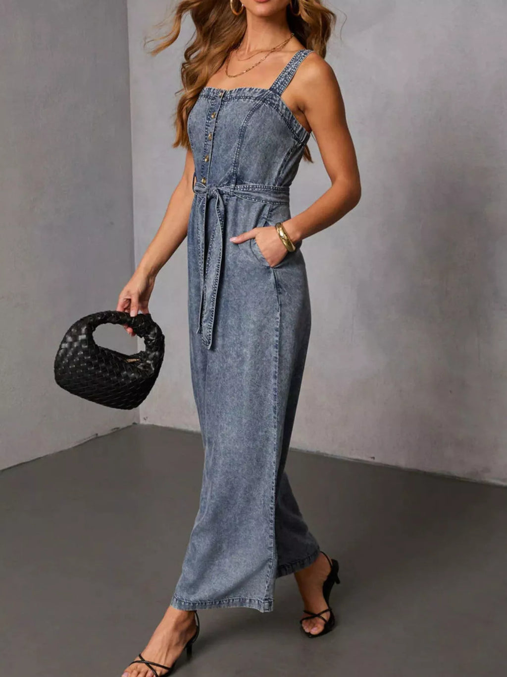 Belted Waist Wide Leg Denim Jumpsuit