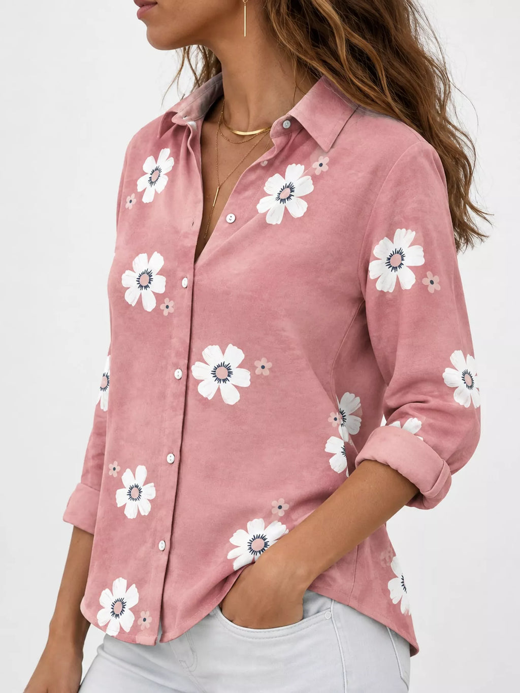 Full Size Floral Print Button-Down Casual Shirt Plus Size