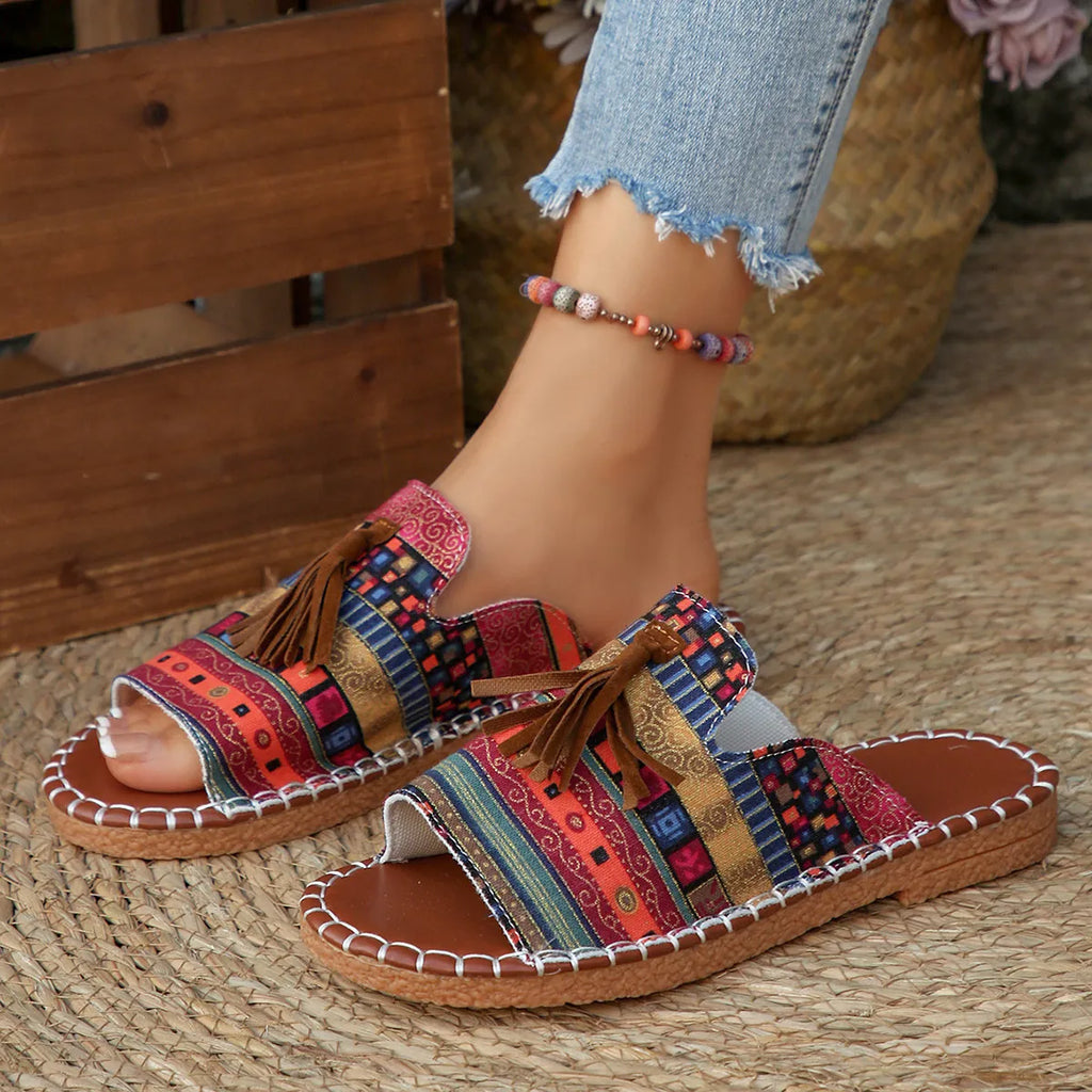 Printed Tassel Flat Sandals