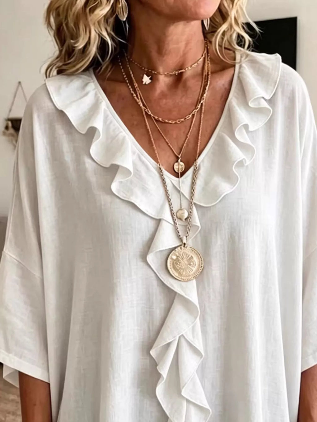 Full Size Ruffled V-Neck 3/4 Sleeve Blouse Plus Size